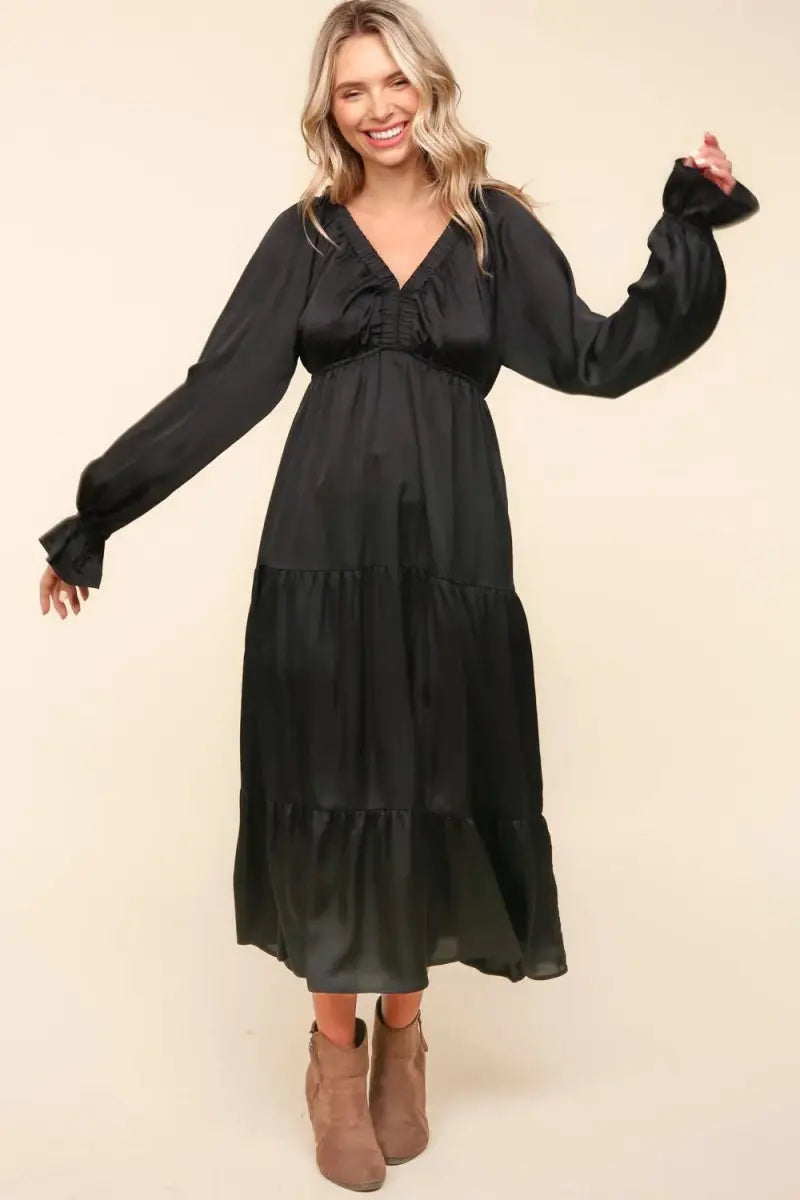 Haptics Flounce Sleeve Tiered Midi Dress with Pockets - Love Salve